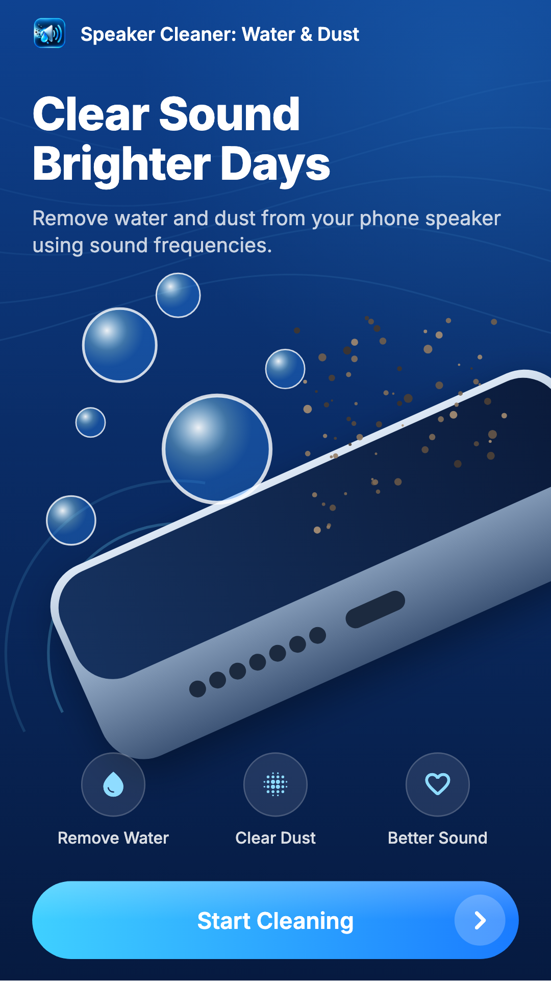 Onboarding screen introducing clean, clear speaker sound