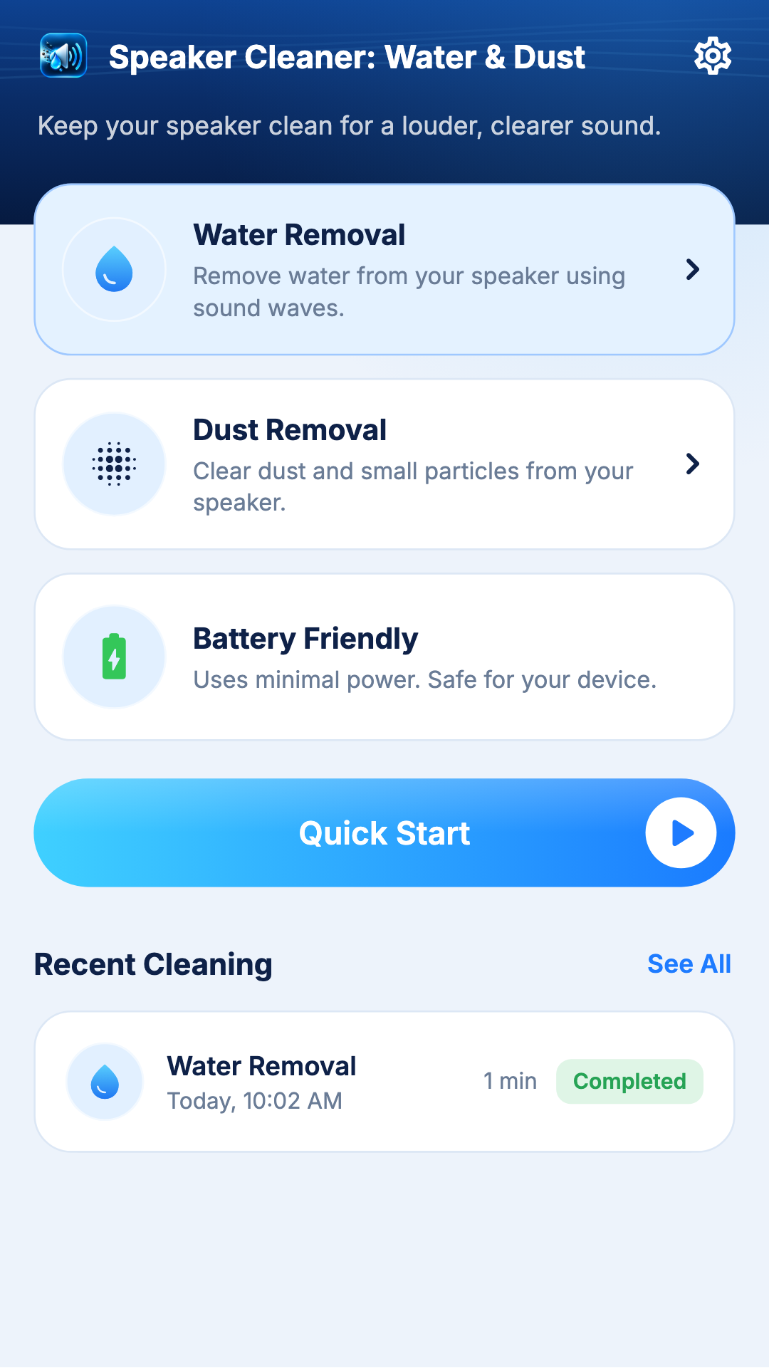 Speaker Cleaner app home screen with water removal, dust removal, battery friendly, and recent cleaning options