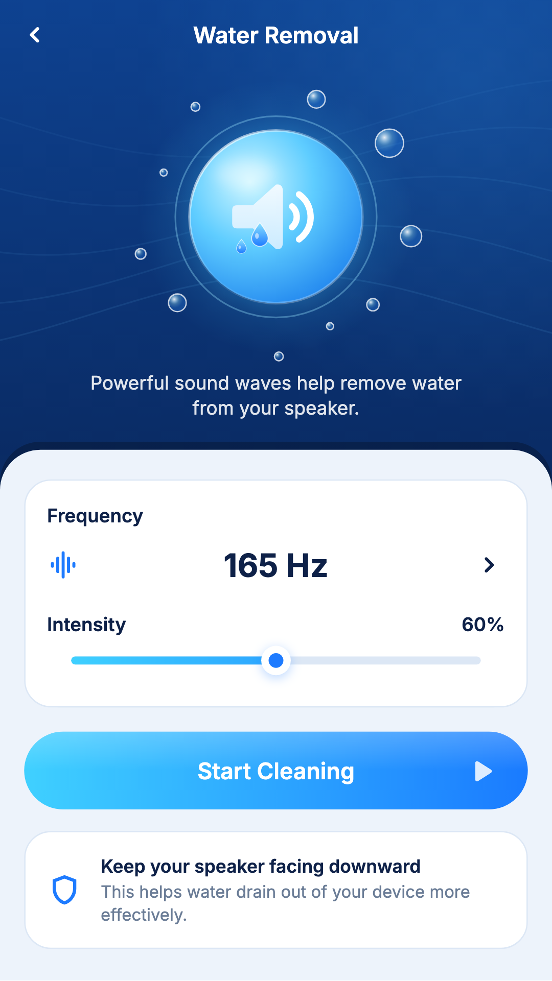 Water removal screen showing 165 Hz and intensity controls