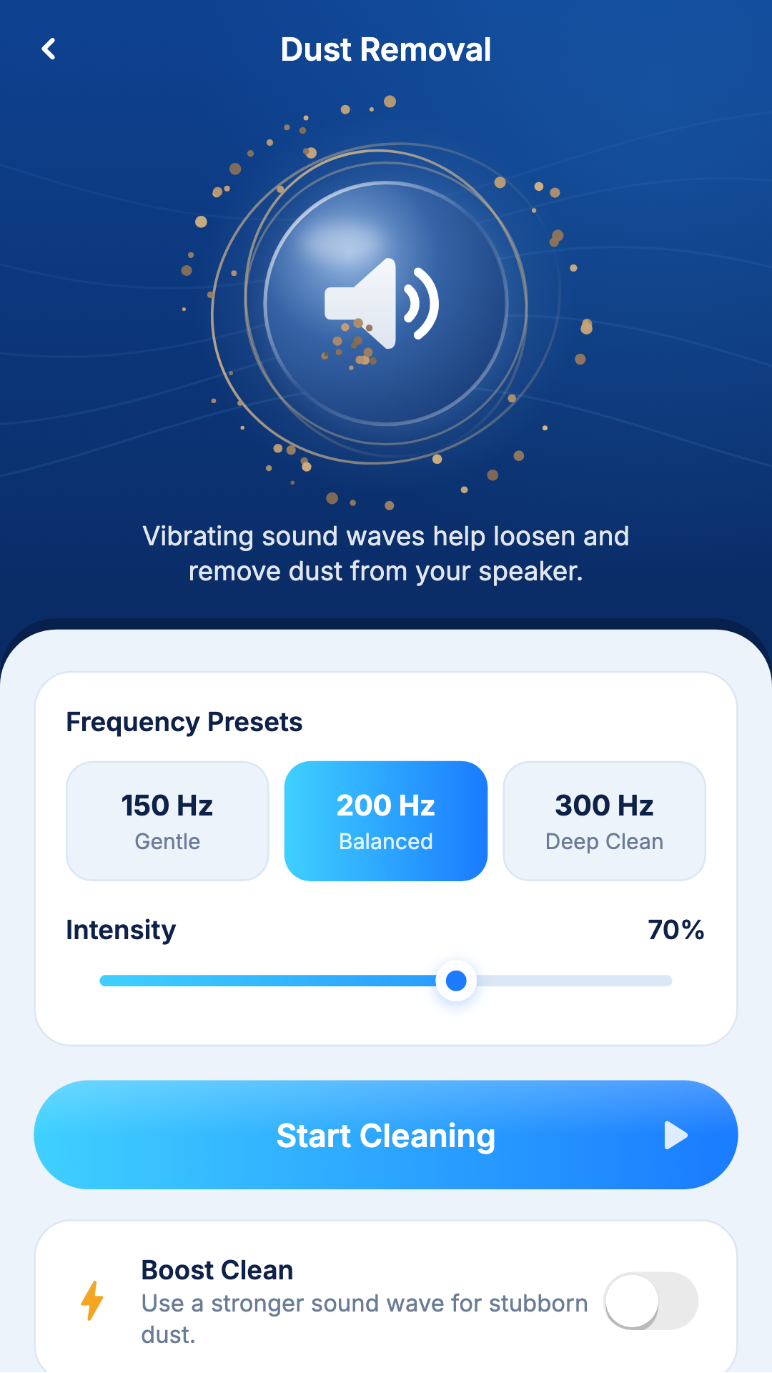 Dust removal screen with preset frequency options