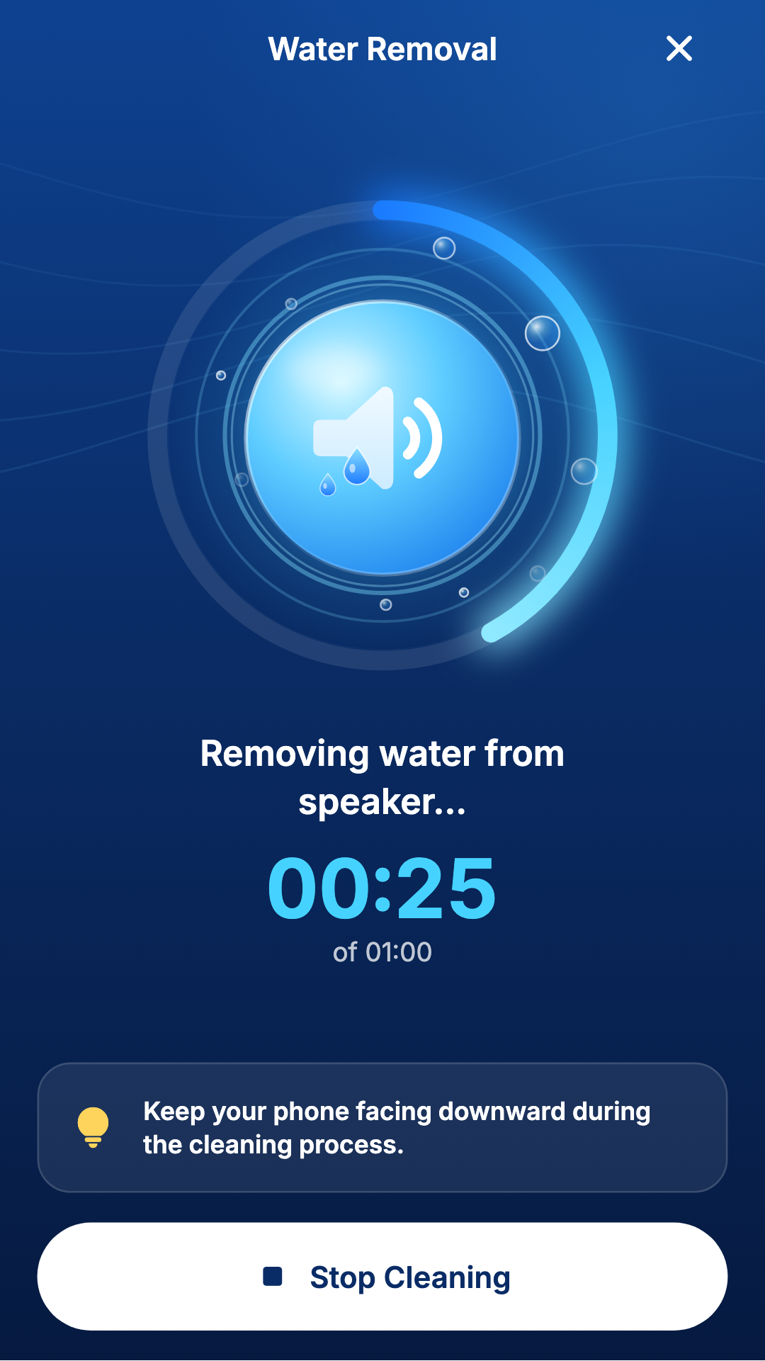 Cleaning progress screen with timer and stop button