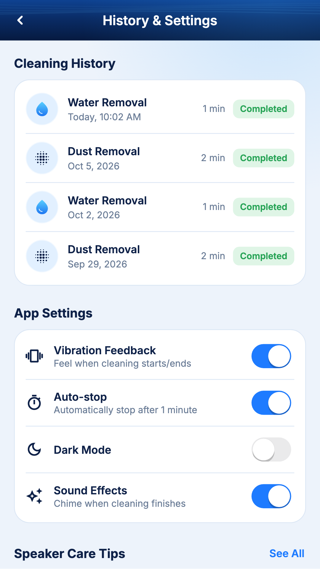 Cleaning history and settings screen