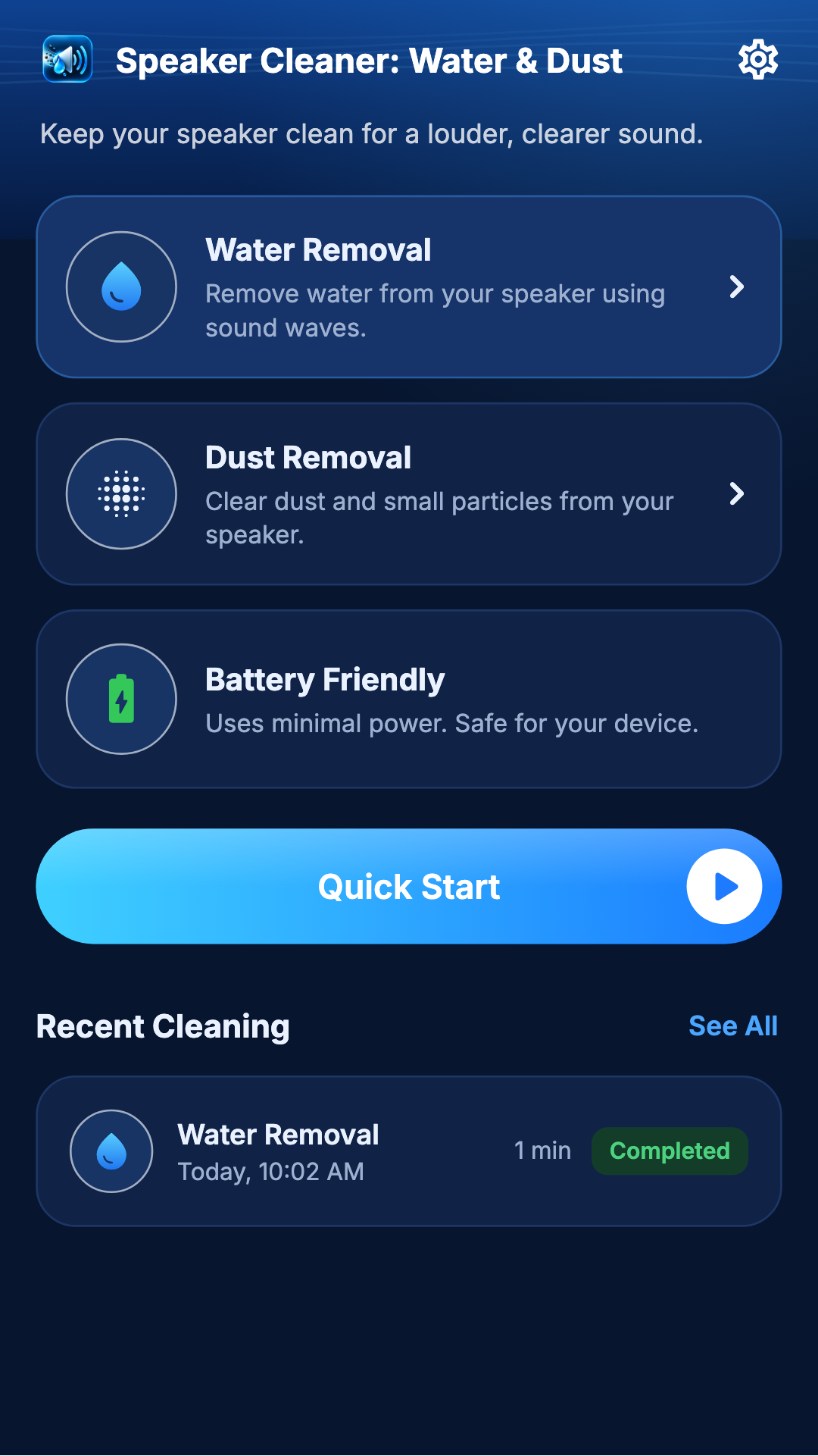 Dark mode speaker cleaner home screen